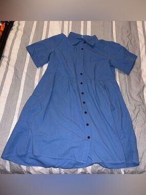 Blue Button-Front Collared Dress